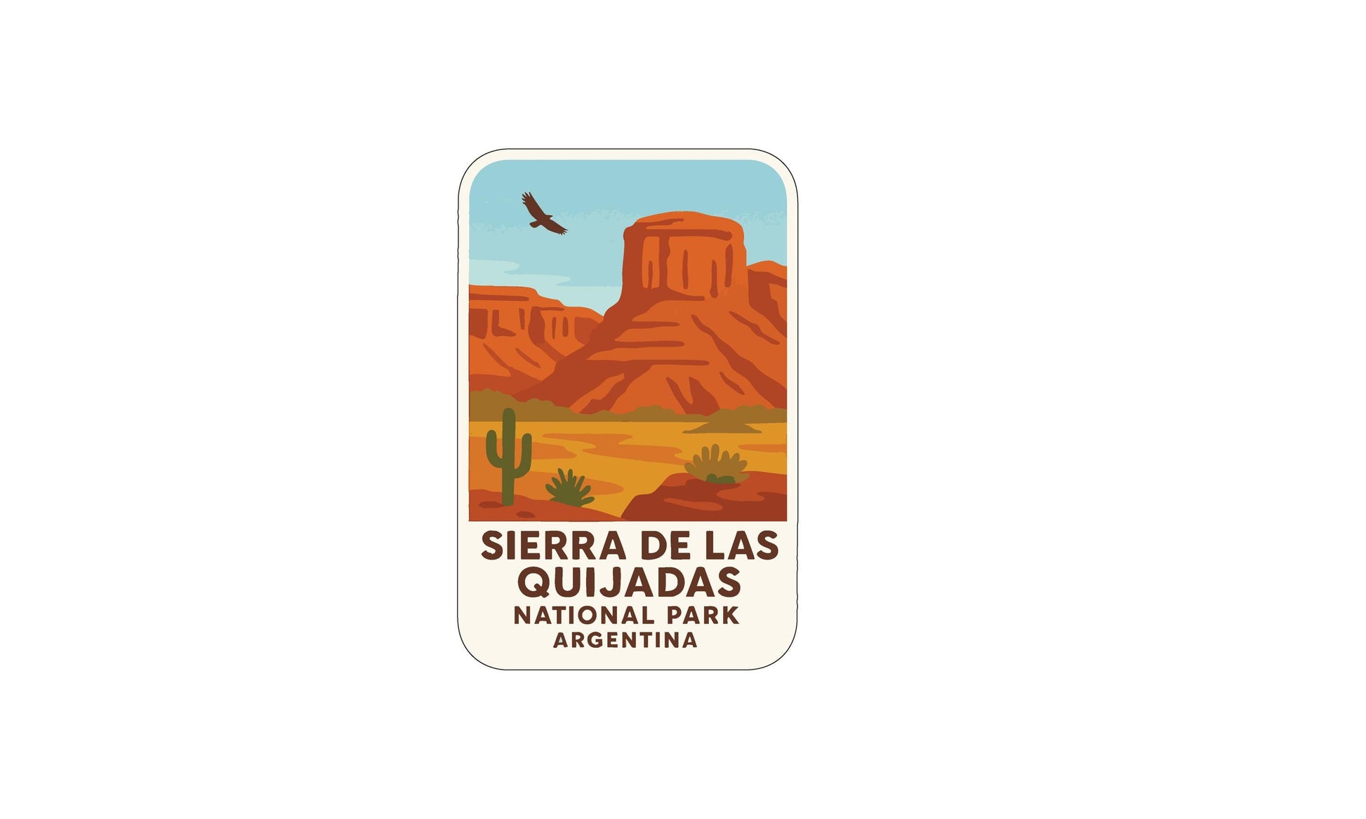a sticker or label with a desert landscape and mountains, along with the text "SIERRA DE LAS QUIJADAS NATIONAL PARK ARGENTINA".