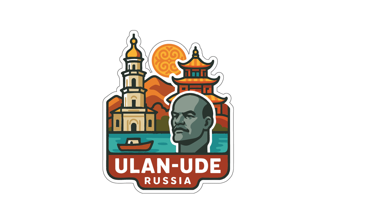 a stylized illustration of a man's head, surrounded by various architectural elements such as a tower, pagoda, and temple. The text "ULAN-UDE RUSSIA" is prominently displayed in the center of the image.