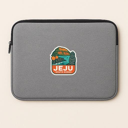 A gray laptop sleeve with a colorful patch featuring a mountain, palm tree, and the text "JEJU SOUTH KOREA".