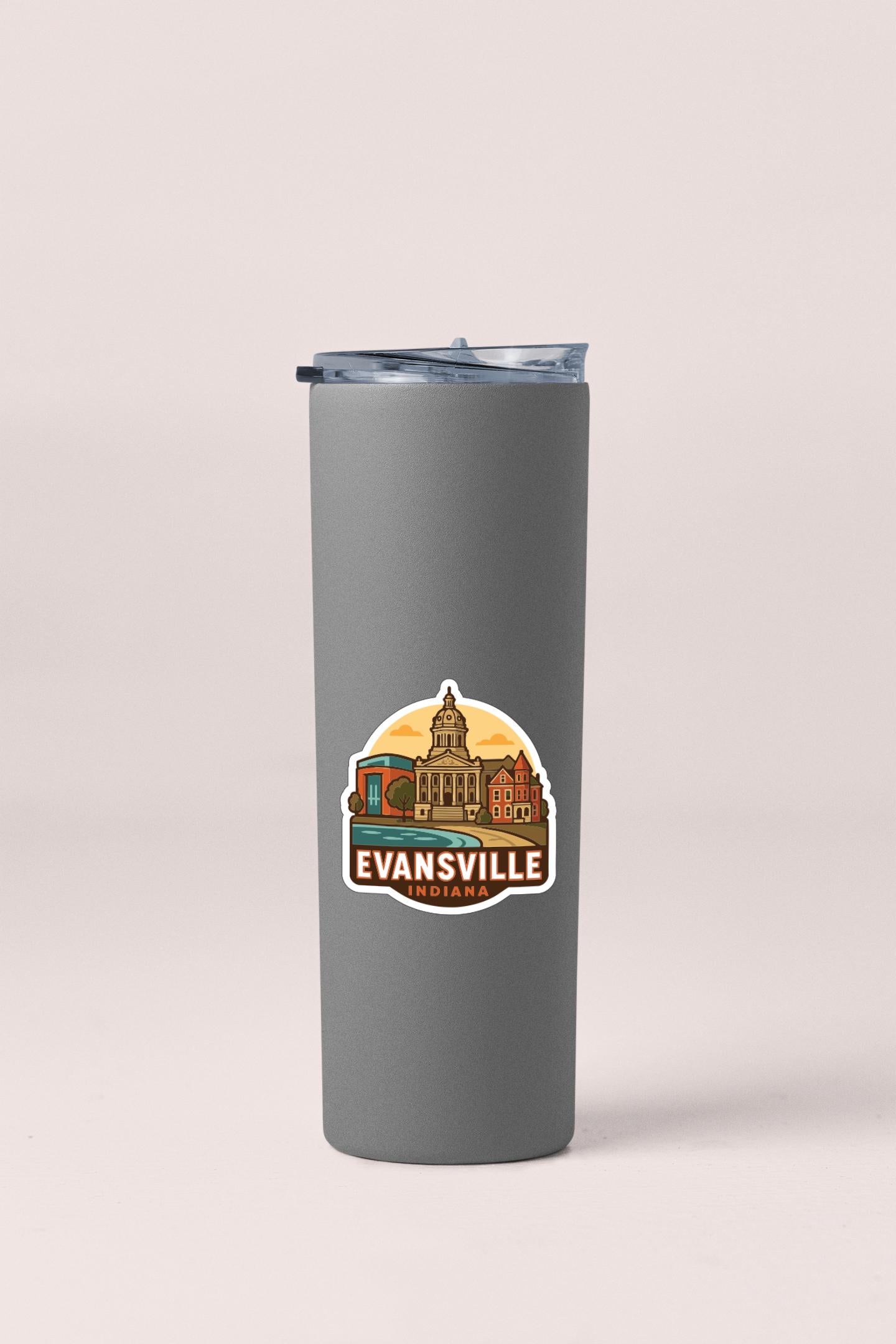 A gray insulated tumbler with a sticker depicting the city of Evansville, Indiana.