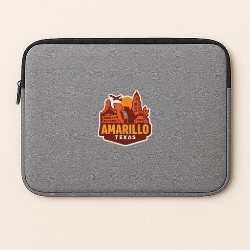 A gray laptop sleeve with a logo of the city of Amarillo, Texas.