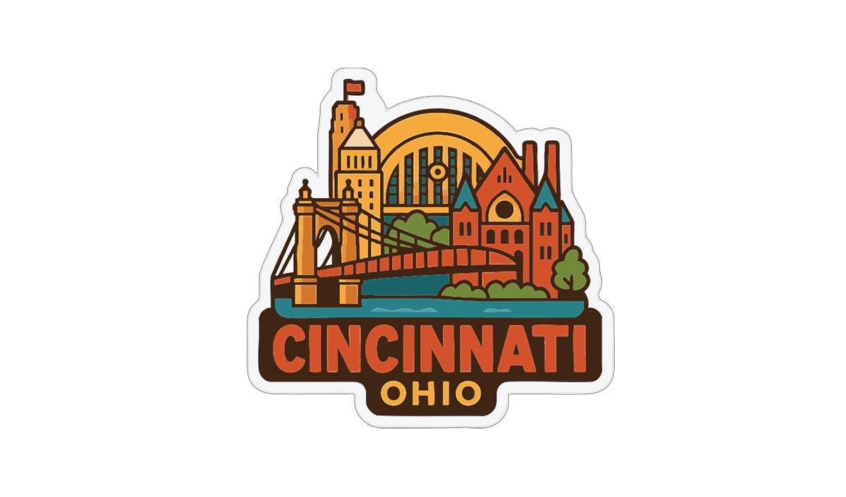 A sticker depicting the city of Cincinnati, Ohio, with various landmarks and buildings in a colorful, stylized illustration.
