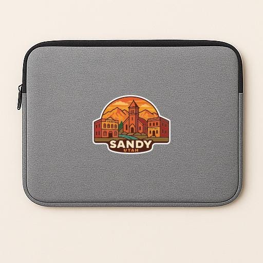 A gray laptop sleeve with a graphic design depicting a cityscape and mountains, along with the text "SANDY UTAH".