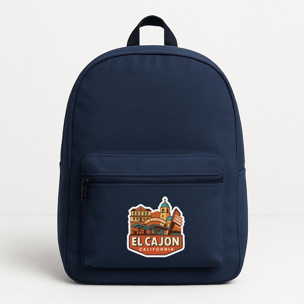 A navy blue backpack with a graphic of a city and the text "EL CAJON, CALIFORNIA" printed on it.