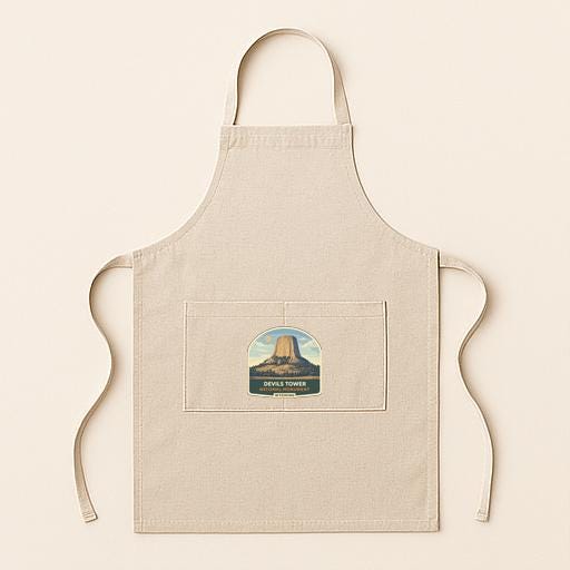 A beige apricot with a graphic of the Devil Tower on it.
