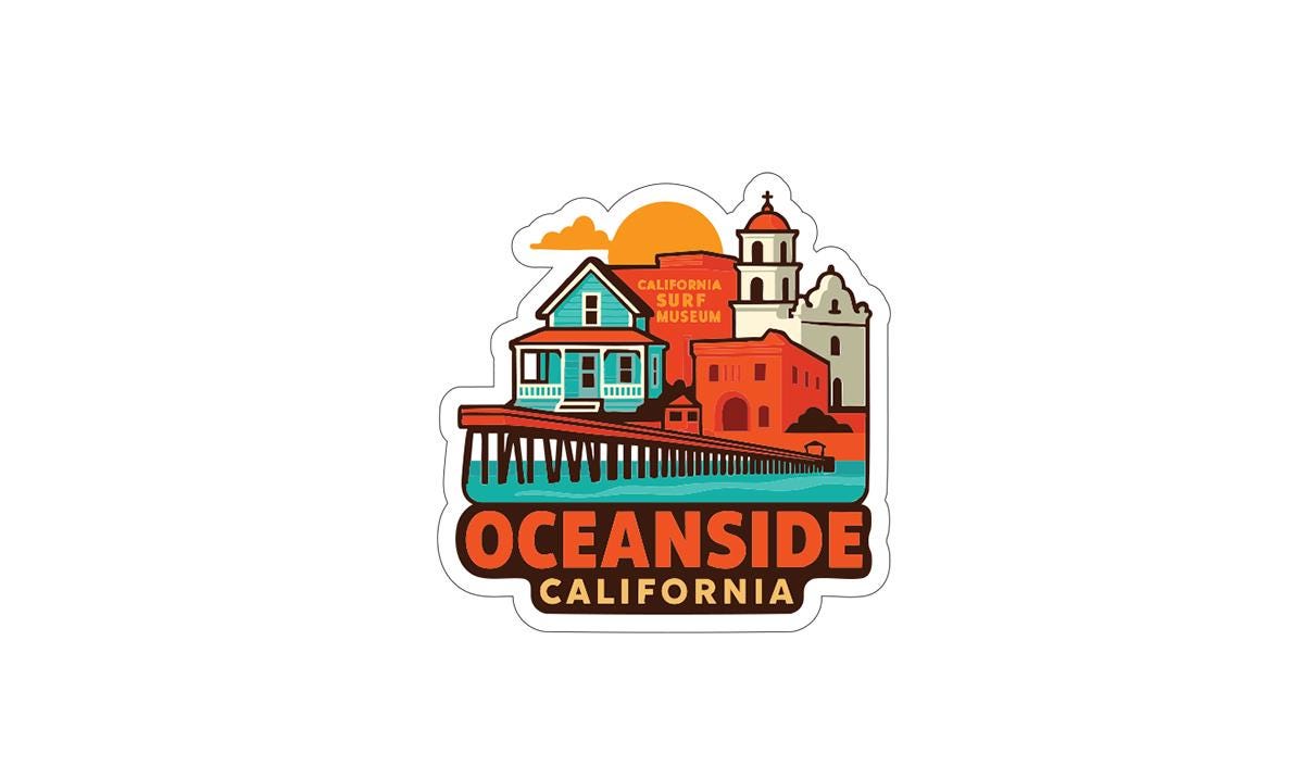 A sticker depicting the California Surf Museum and the Oceanside, California, with a colorful illustration of the surrounding buildings and a pier.