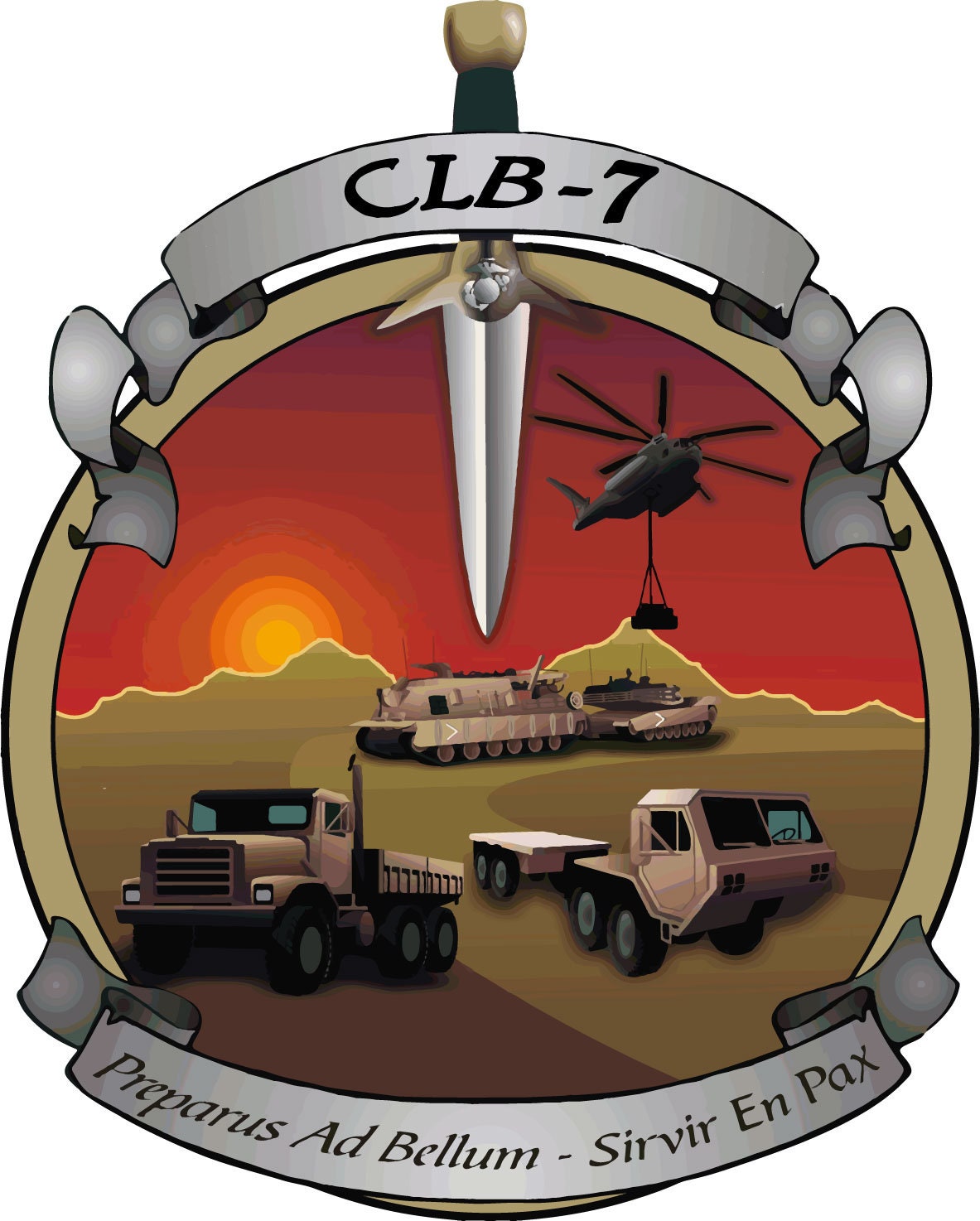 a military emblem with a helicopter, truck, and helicopter