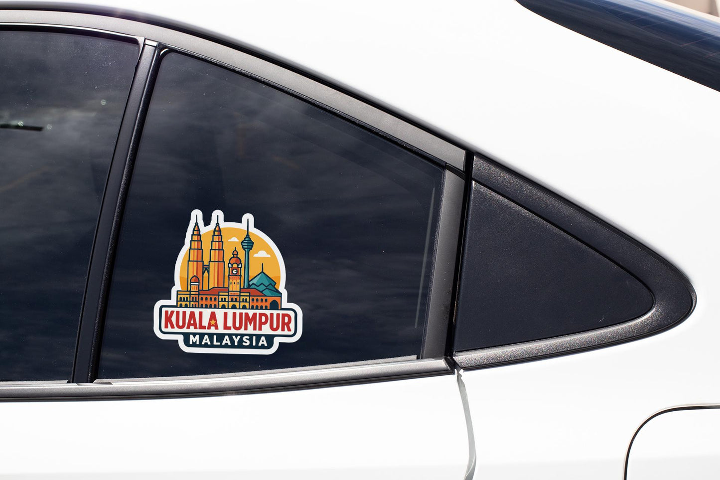 A sticker on the side of a car window, depicting the Kuala Lumpur skyline.