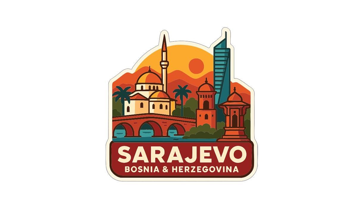 a sticker or illustration of Sarajevo, Bosnia and Herzegovina, showcasing the city's iconic landmarks and architecture.