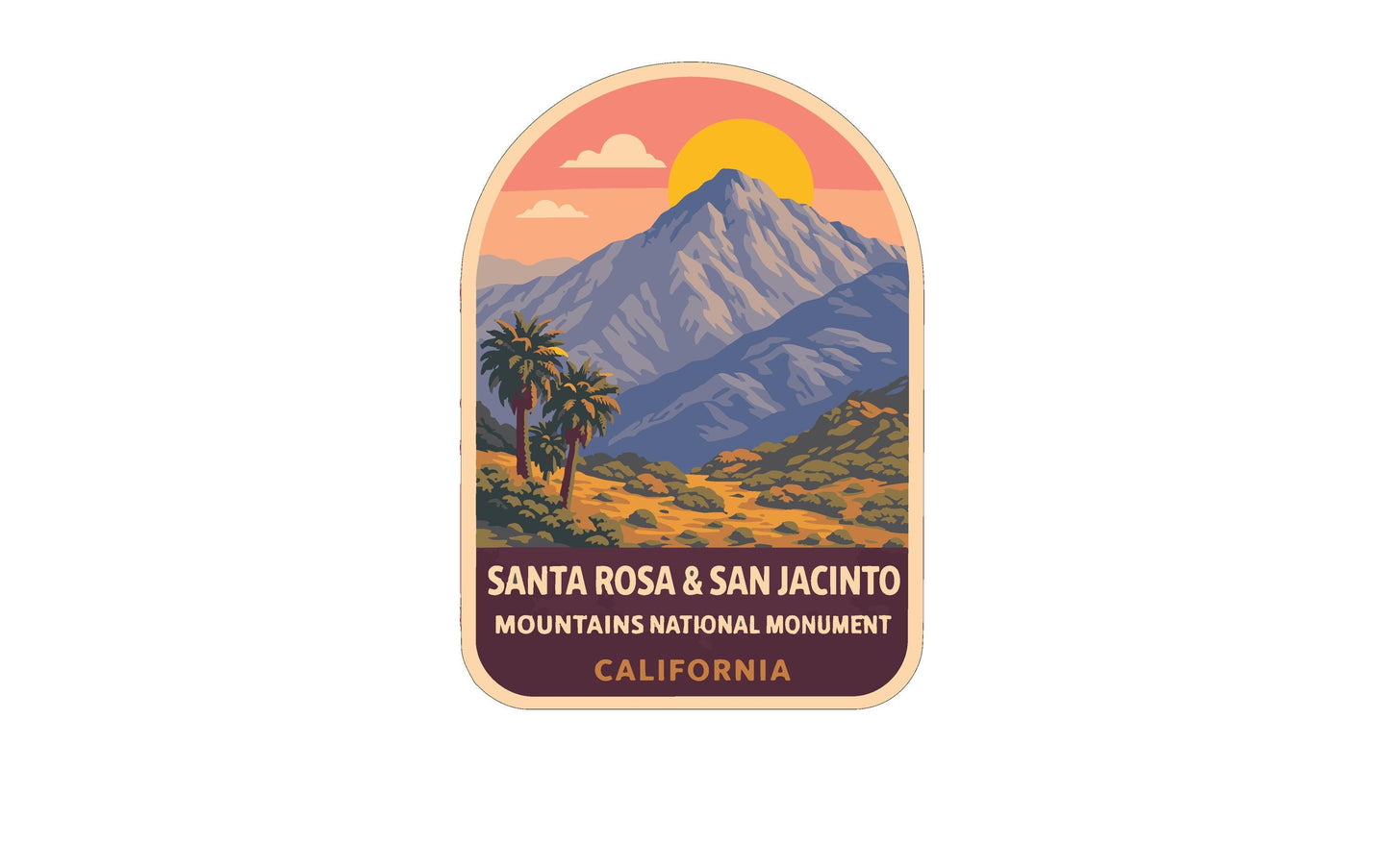 a sticker or label with a mountain landscape and palm trees, depicting Santa Rosa and San Jacinto National Monument in California.