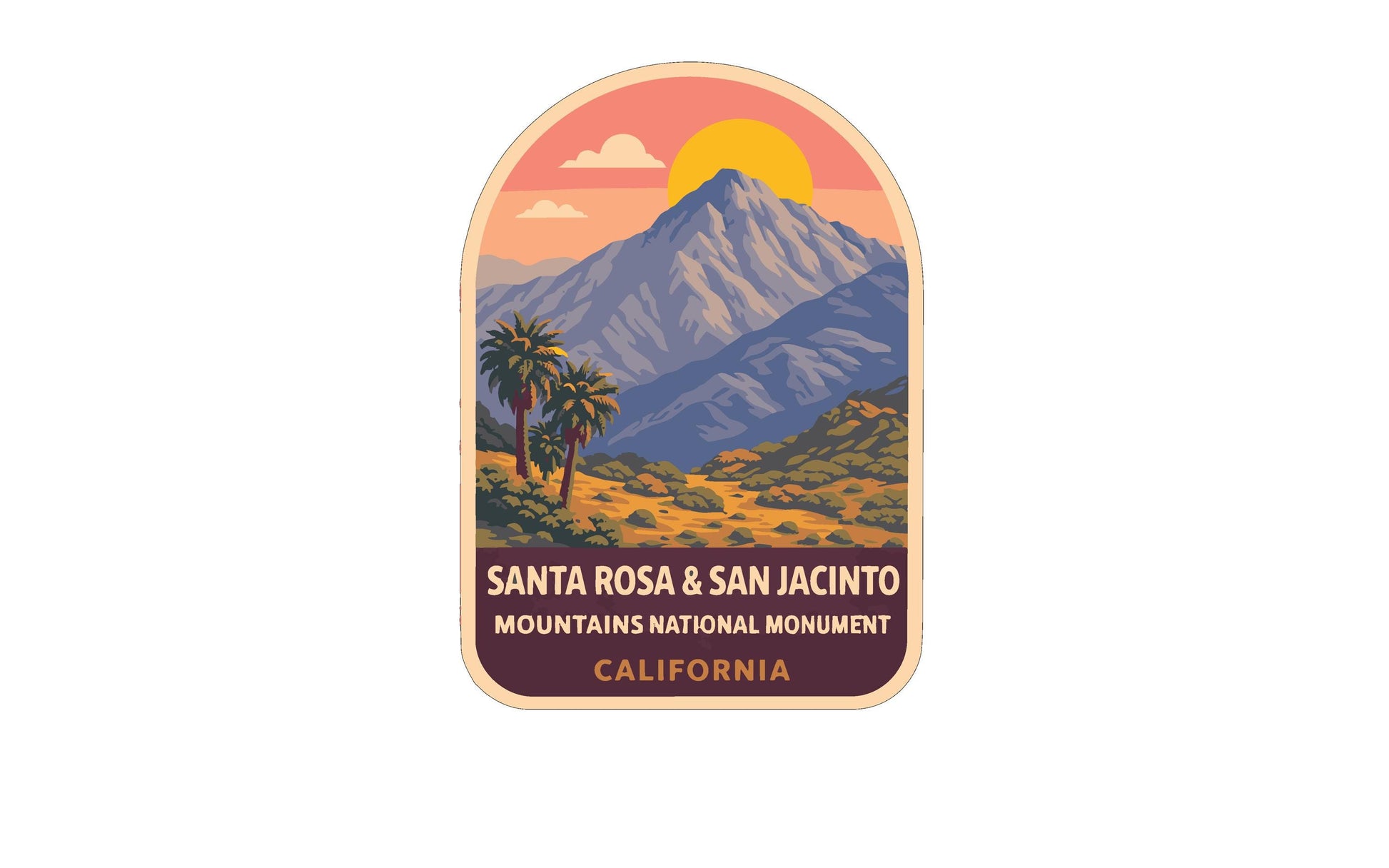 a sticker or label with a mountain landscape and palm trees, depicting Santa Rosa and San Jacinto National Monument in California.