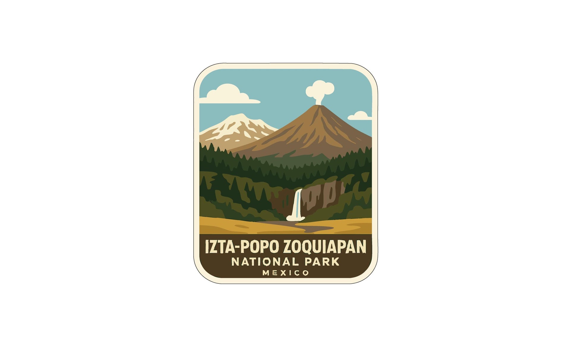 a sticker or label with a scenic landscape depicting a mountain range, a waterfall, and a forest. The text on the sticker reads "IZTA-POPO ZOQUIAPAN NATIONAL PARK MEXICO".