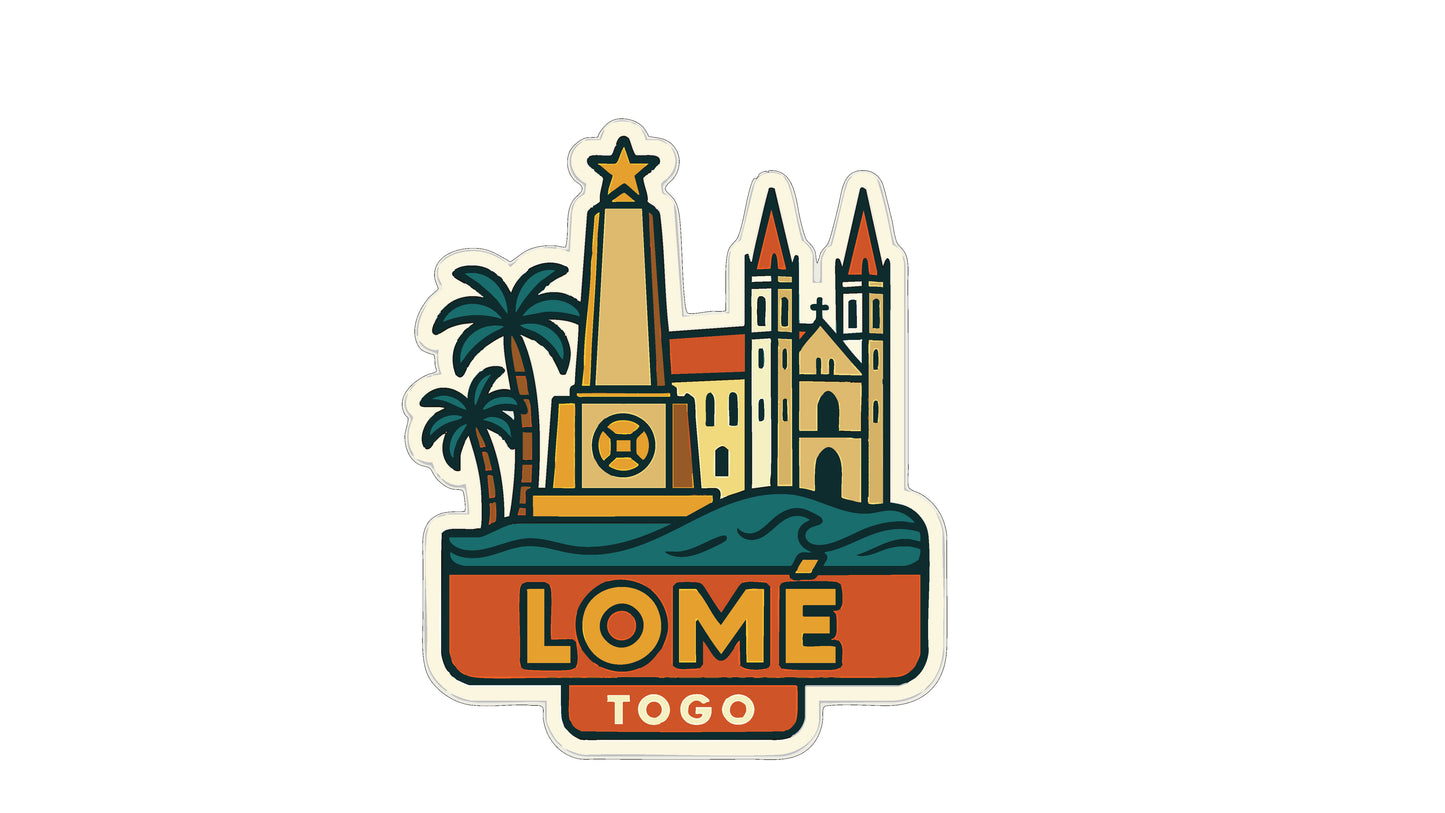 a sticker or emblem with a stylized illustration of a city skyline, including a tall tower, a church, and palm trees. The text "LOME TOGO" is prominently displayed in the center of the image.