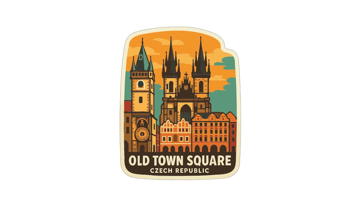 A sticker depicting the Old Town Square in Prague, Czech Republic, with the Old Town Hall and St. Mary's Basilica prominently featured.