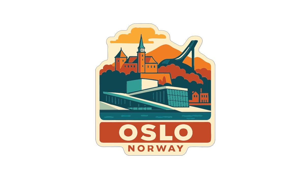 a sticker or emblem with a stylized illustration of a cityscape, including a castle, mountains, and a body of water. The text "OSLO NORWAY" is prominently displayed, indicating the location of the image.