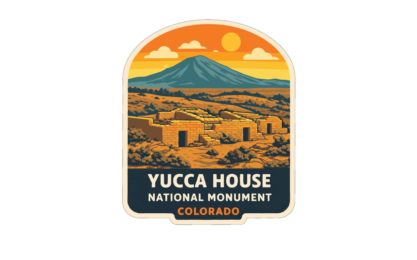 a sticker or label with an illustration of the Yucca House National Monument in Colorado.