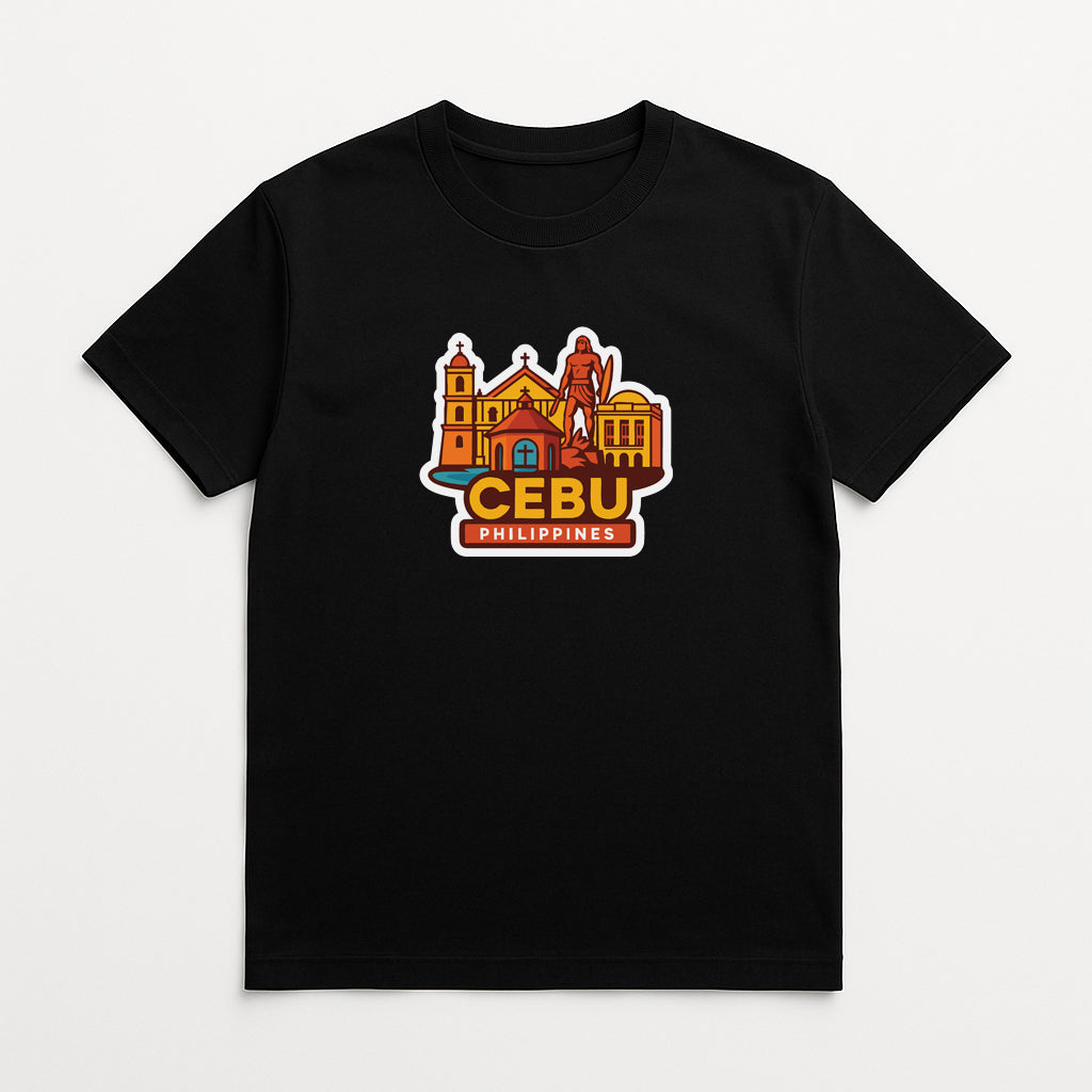 A black t-shirt with a graphic design depicting a cityscape and the text "CEBU PHILIPPINES" printed on it.