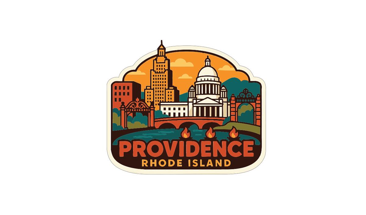 a colorful illustration of the Providence, Rhode Island skyline, including the state capitol building, a bridge, and other notable landmarks.