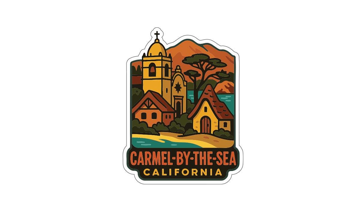 A sticker depicting a coastal town with a bell tower, surrounded by mountains and a beach, with the text "CARMEL-BY-THE-SEA CALIFORNIA" below.
