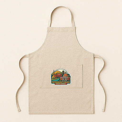 A beige apricot with a graphic design on the front pocket, featuring a cityscape.