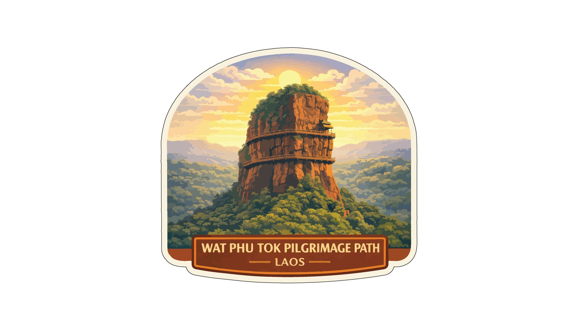A sticker depicting a tall, rocky structure with a staircase leading up to it, set against a scenic landscape with a sunset in the background.