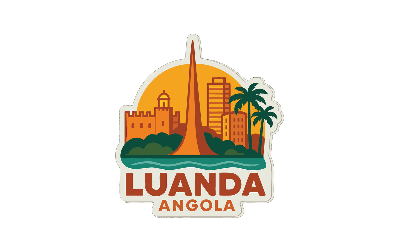 a stylized illustration of the city of Luanda, Angola, with a tall tower and palm trees in the background.