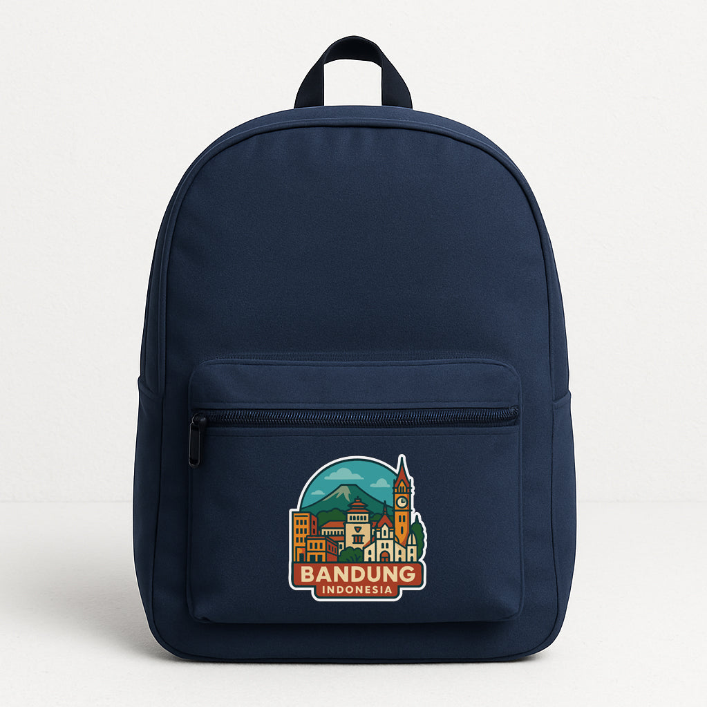 A navy blue backpack with a sticker on the front that says "BANDDUNG INDONESIA".