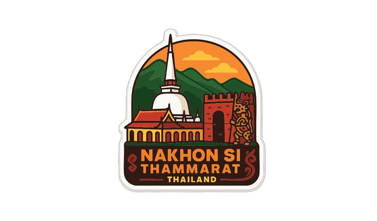a sticker or emblem with a stylized illustration of a temple, mountains, and a castle, along with the text "Nakhon Si Thammarat Thailand" indicating the location.
