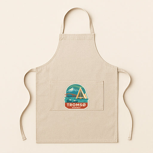 A beige apricot with a graphic design on the front pocket, featuring a mountain landscape and the text "TROMSO".