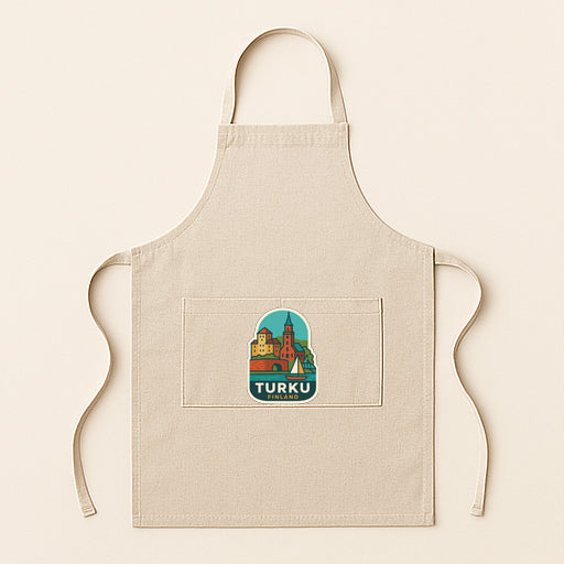 A beige apricot with a small graphic of a city on it, representing the city of Turku, Turkey.