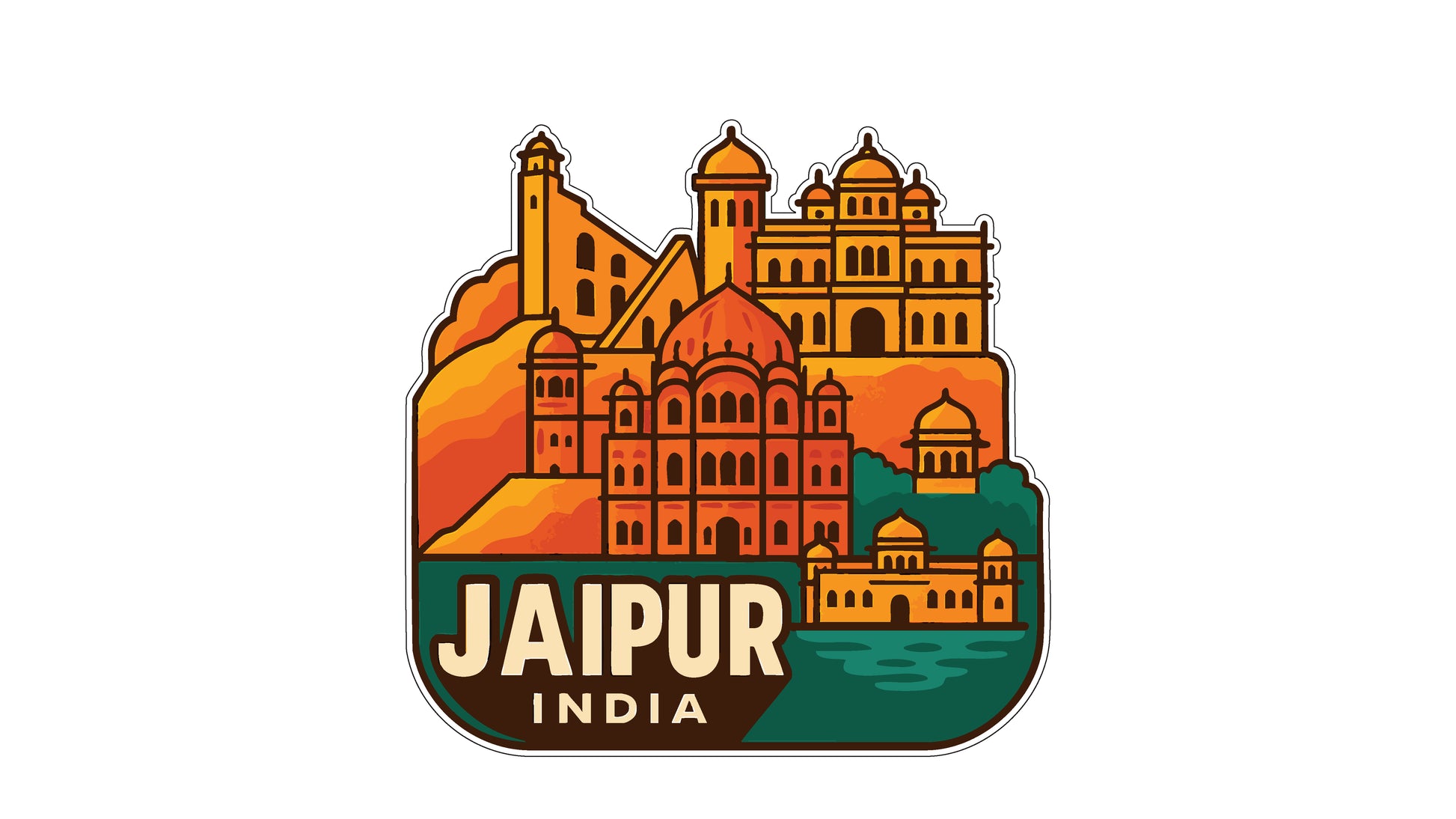 a stylized illustration of the city of Jaipur, India, showcasing its iconic architecture and landmarks.
