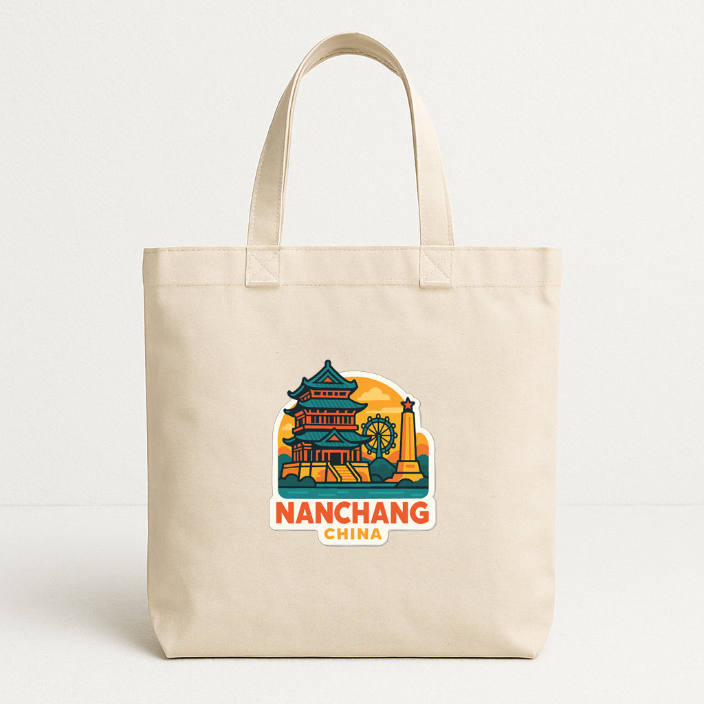 A beige tote bag with a printed design depicting a traditional Chinese temple and the text "Nanchang China" printed on it.