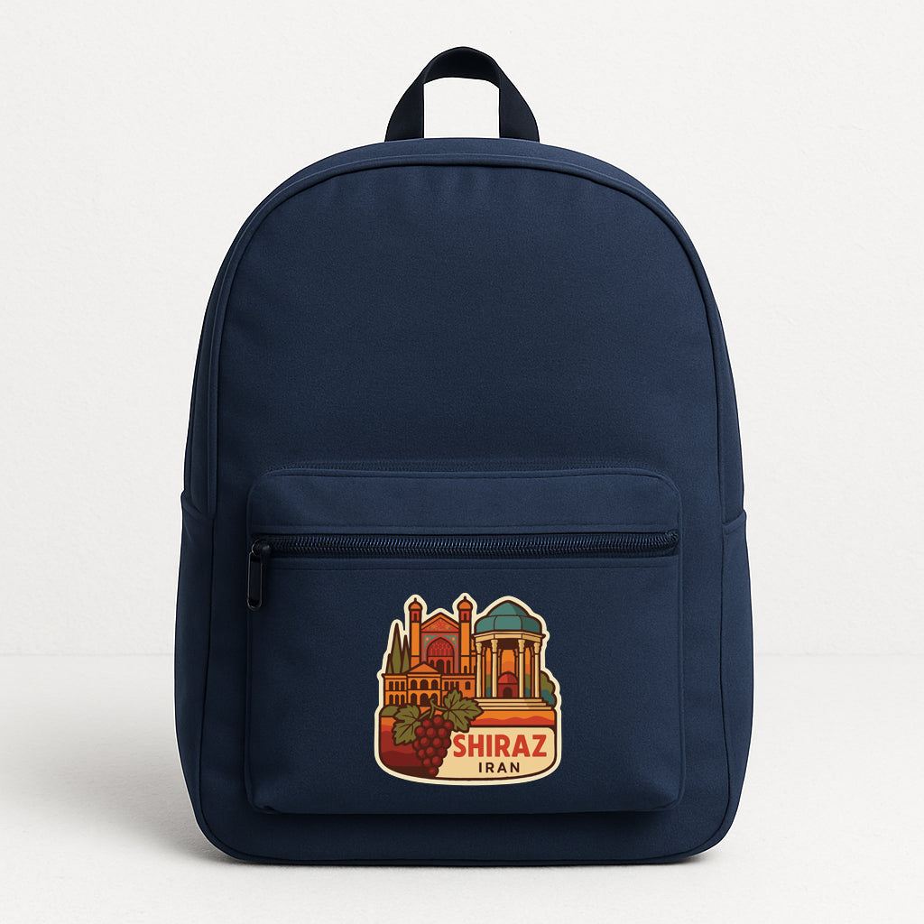 A navy blue backpack with a graphic of a city and the text "SHIRAZ IRAN" printed on it.