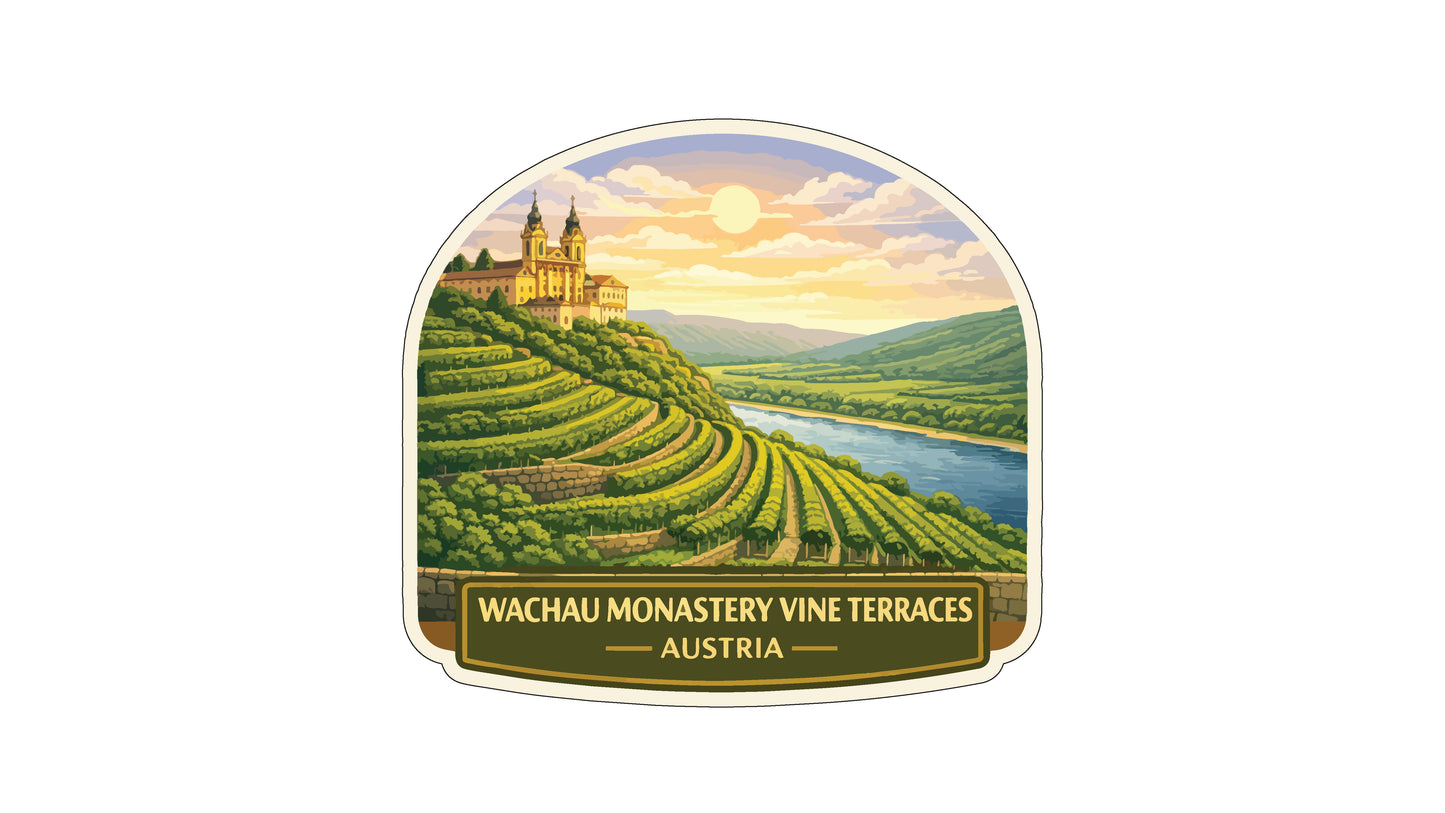 a scenic landscape with a castle on a hill, surrounded by vineyards and a river. The sky is filled with clouds, and the sun is setting, creating a picturesque atmosphere. The text "WACHAU MONASTERY VINE TERRACES AUSTRIA" is displayed below the illustration, indicating the location of this picturesque scene.