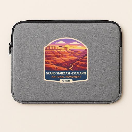 A gray laptop sleeve with a graphic design depicting the Grand Staircase-Escalante National Monument in Utah.
