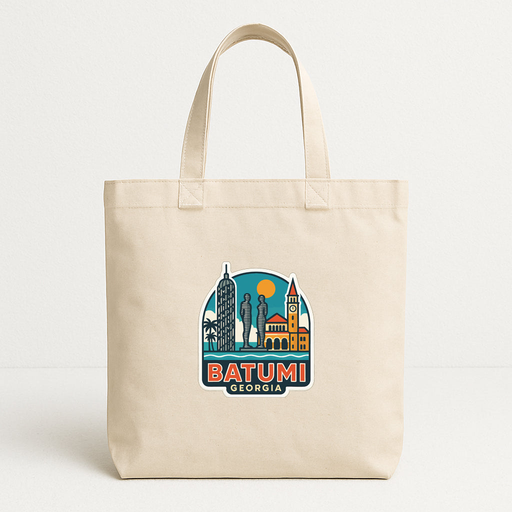A beige tote bag with a graphic design featuring the city of Batumi, Georgia, including a skyline with various buildings and landmarks.
