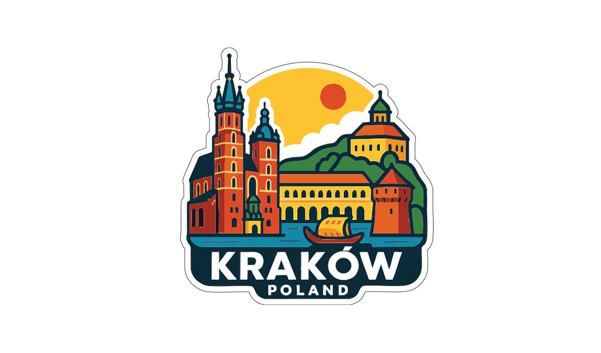 a colorful illustration of the city of Krakow, Poland, with various landmarks and buildings depicted in a stylized manner.