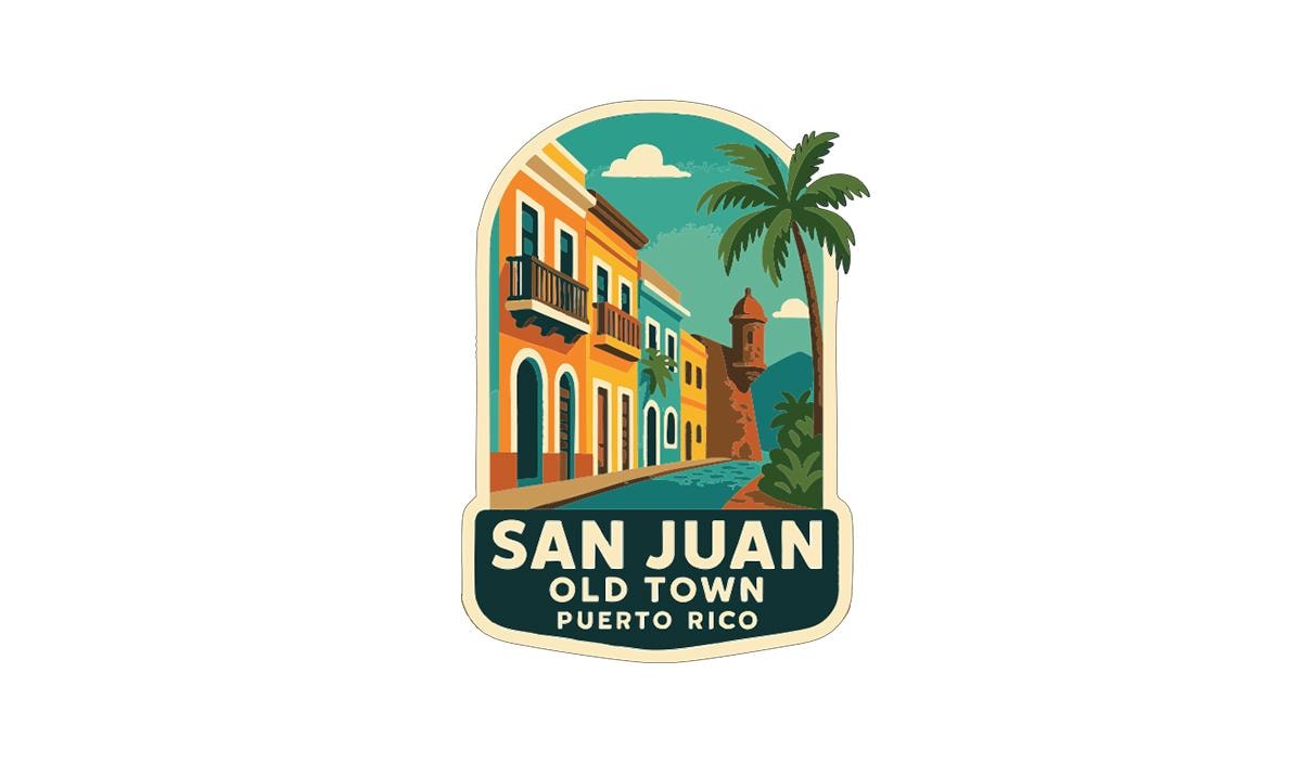 a colorful illustration of a tropical town, with buildings, palm trees, and a river. The text "SAN JUAN OLD TOWN PUERTO RICO" is prominently displayed, indicating the location of the image.