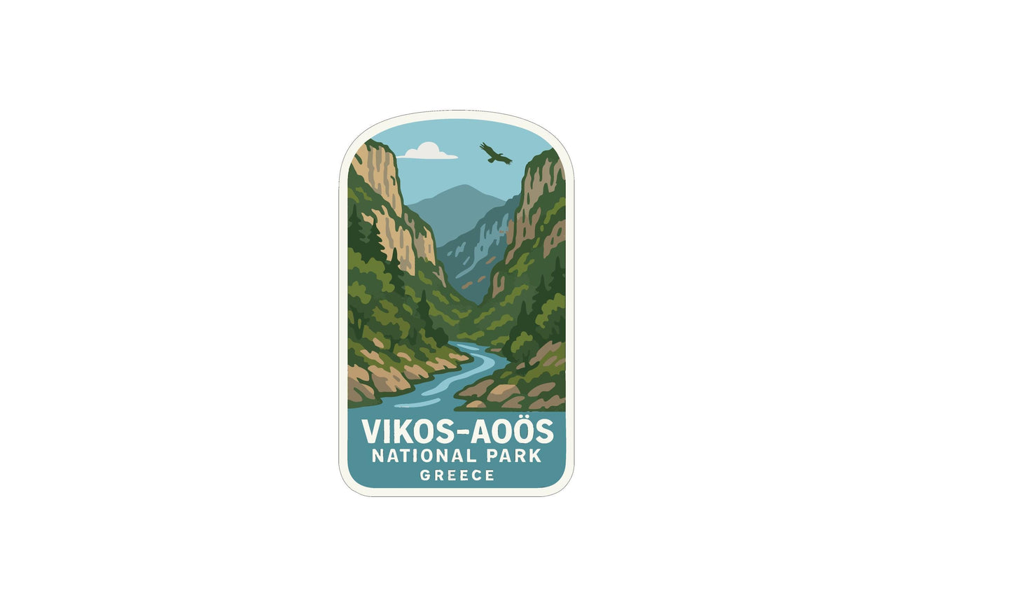 a sticker or label with a scenic mountain landscape and a river, depicting a natural park in Greece.
