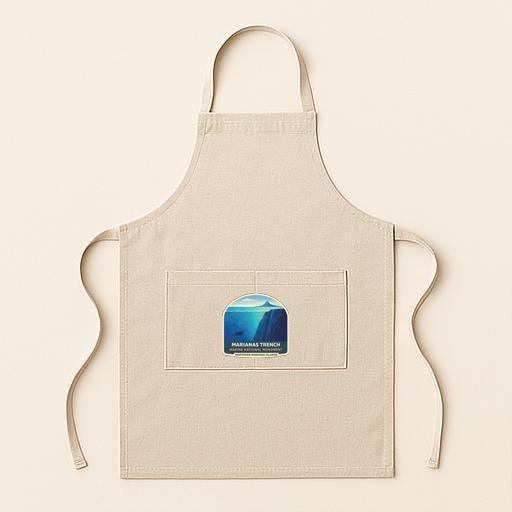 A beige apricot with a pocket and a graphic of a blue ocean on it.