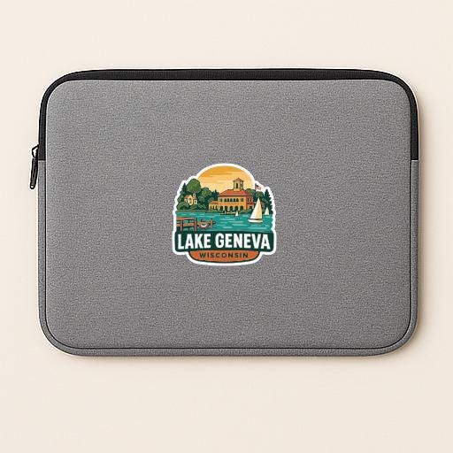 A gray laptop sleeve with a logo depicting Lake Geneva, Wisconsin.