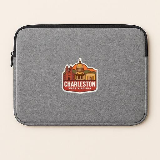 A gray laptop sleeve with a sticker of the Charleston, West Virginia skyline.