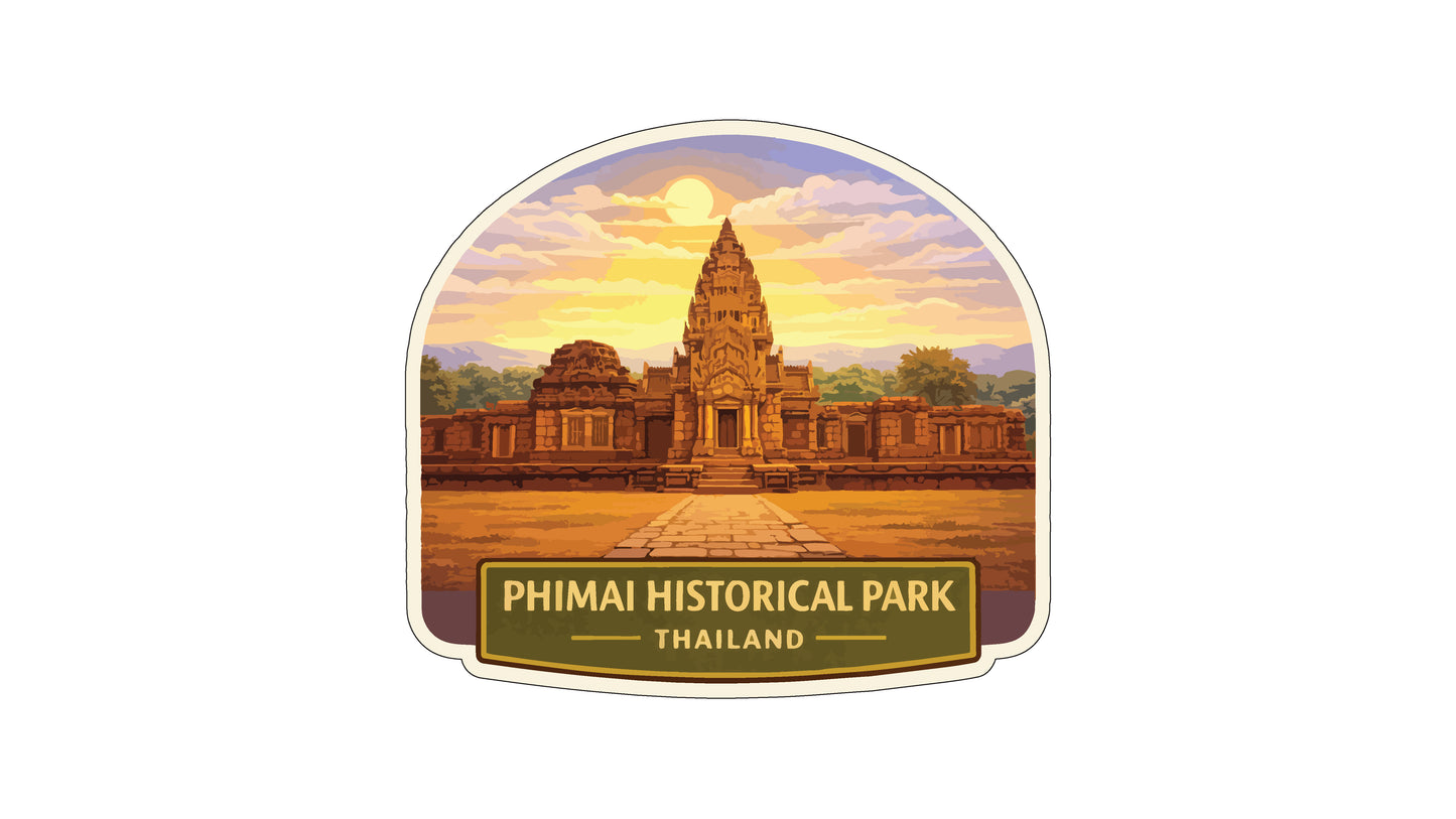 a temple with a golden spire, set against a backdrop of a sunset sky and lush greenery.