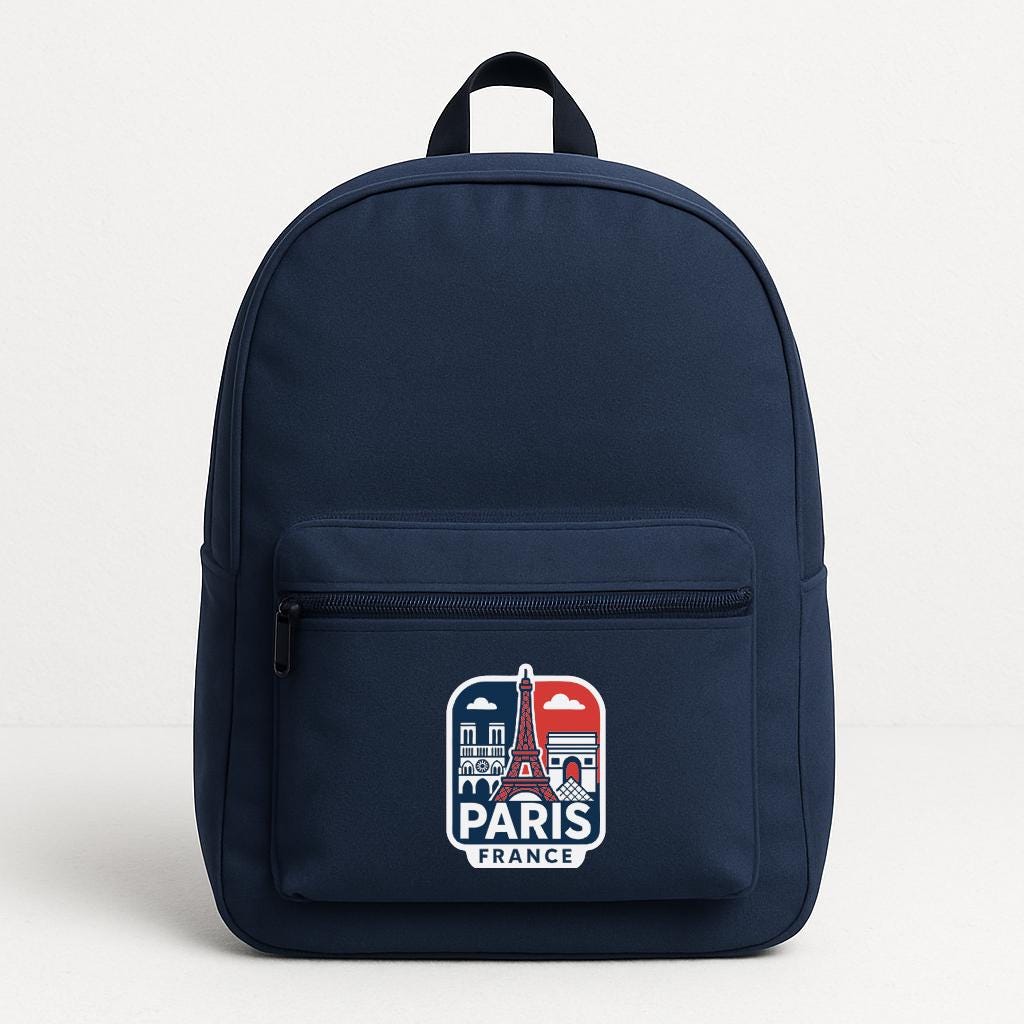A navy blue backpack with a logo that says "PARIS FRANCE" on the front pocket.