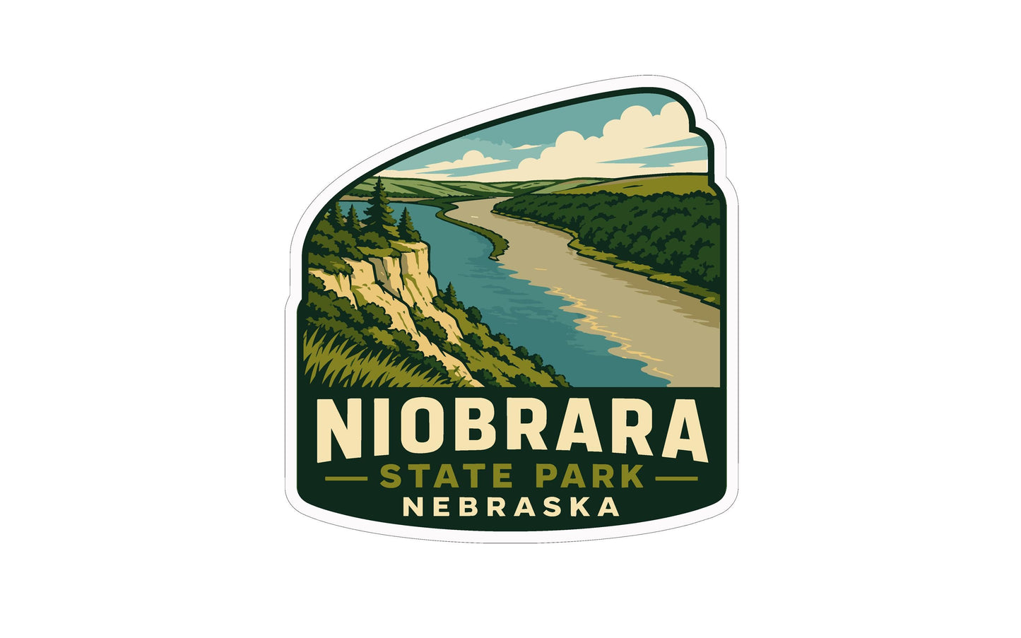 A sticker or logo depicting a scenic landscape with a river, mountains, and a cloudy sky, with the text "NEOBRARA STATE PARK NEBRASKA" prominently displayed.