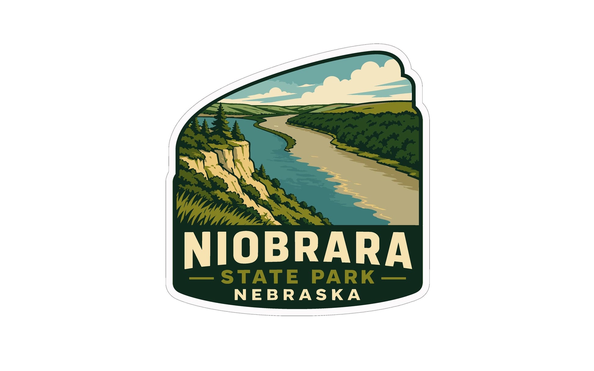 A sticker or logo depicting a scenic landscape with a river, mountains, and a cloudy sky, with the text "NEOBRARA STATE PARK NEBRASKA" prominently displayed.