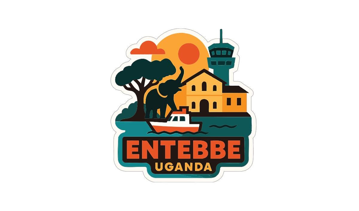 a collage of various elements, including a building, a boat, a tree, and a sun, all set against a colorful background. The text "ENTEBBE UGANDA" is prominently displayed, indicating the location or country of the image.