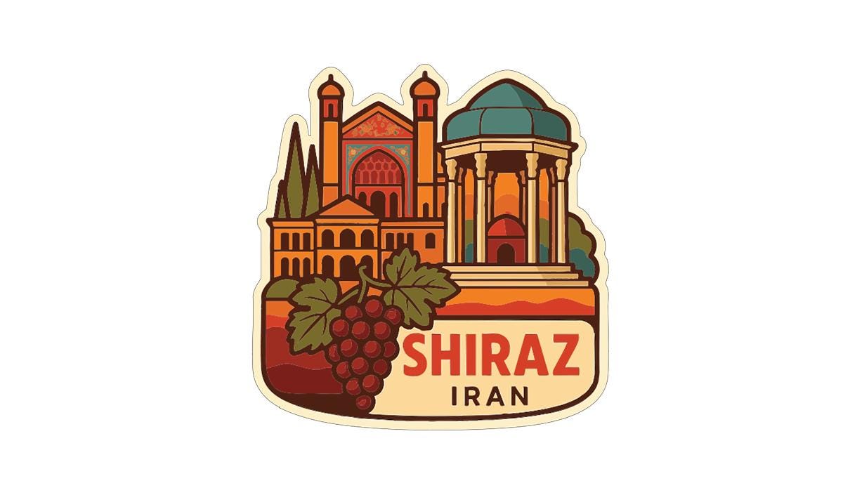 a sticker or illustration of Shiraz, Iran, showcasing the city's architecture, including a domed building and a temple, along with a bunch of grapes and the text "SHIRAZ IRAN".