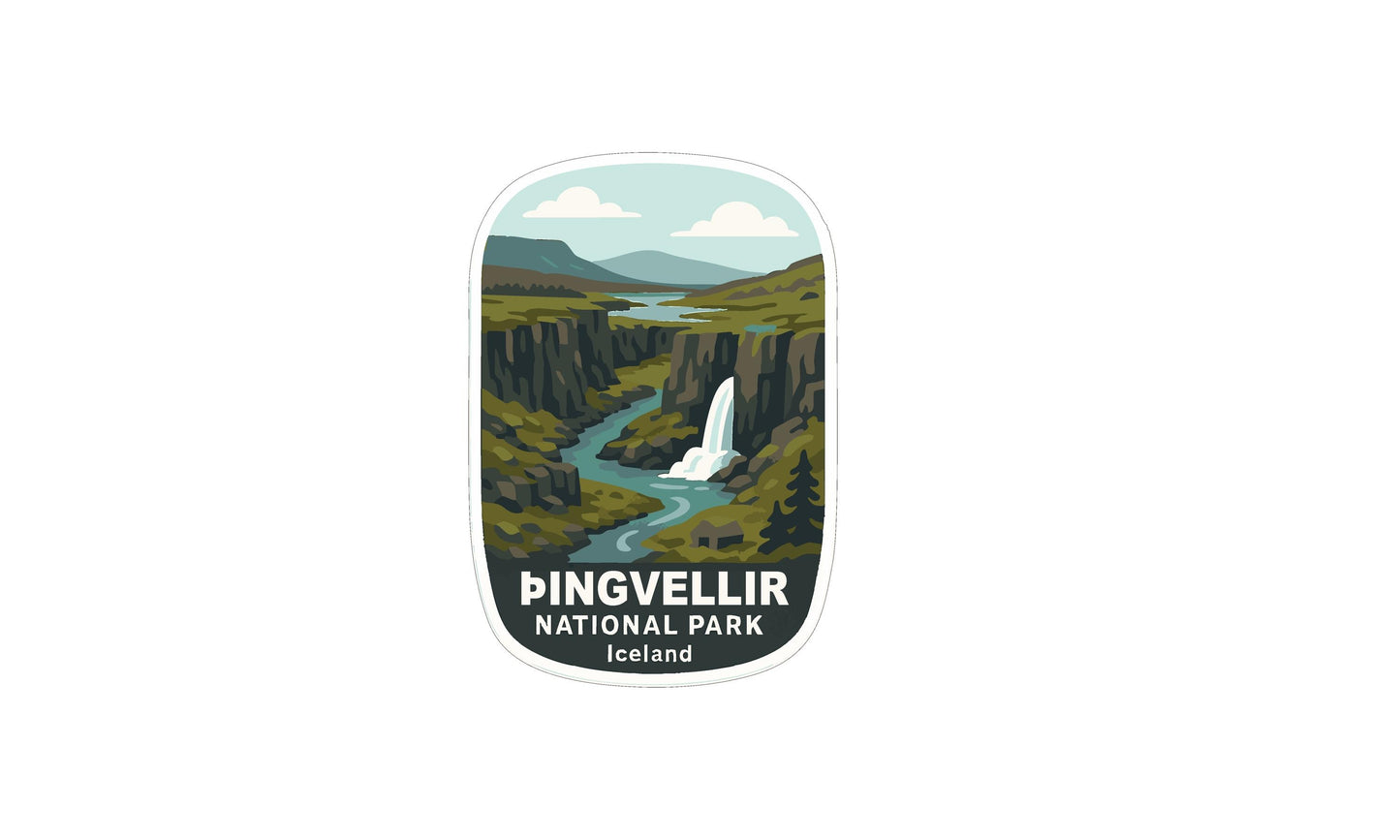 A sticker depicting a scenic landscape with a waterfall, mountains, and a river, with the text "PINGVELIR NATIONAL PARK, ICELAND" prominently displayed.