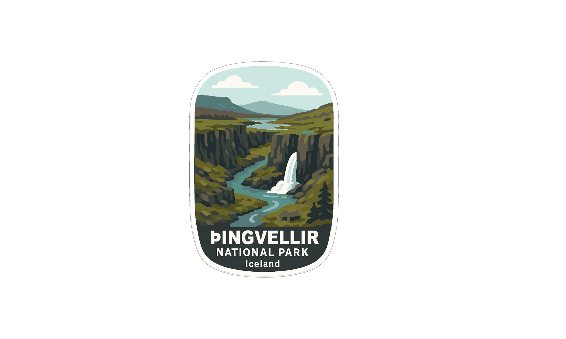 A sticker depicting a scenic landscape with a waterfall, mountains, and a river, with the text "PINGVELIR NATIONAL PARK, ICELAND" prominently displayed.